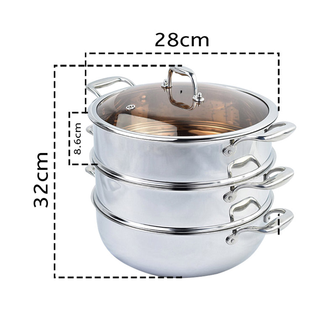 Premium 3 Tier 28cm Heavy Duty Stainless Steel Food Steamer Vegetable Pot Stackable Pan Insert with Glass Lid - image2