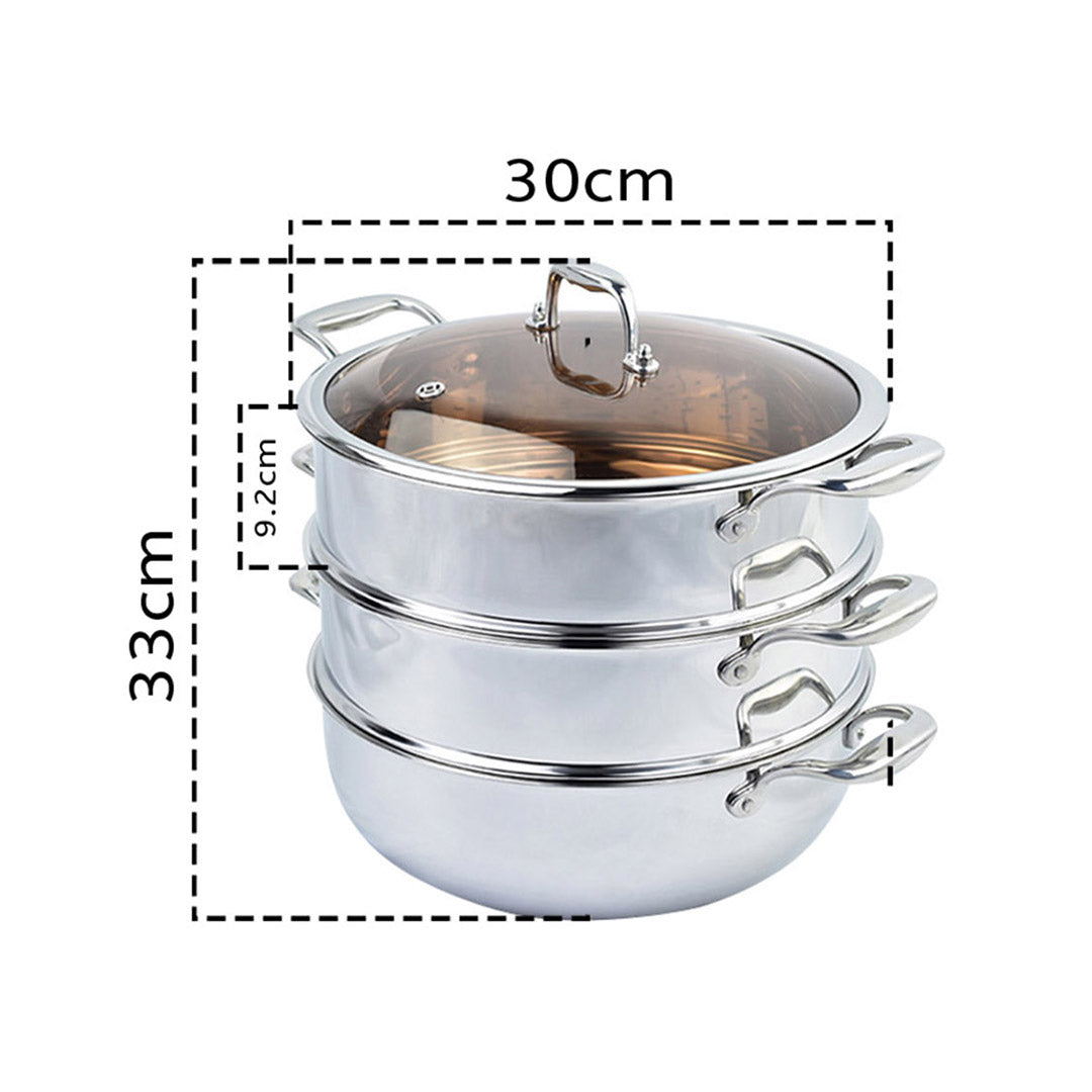 Premium 2X 3 Tier 30cm Heavy Duty Stainless Steel Food Steamer Vegetable Pot Stackable Pan Insert with Glass Lid - image2