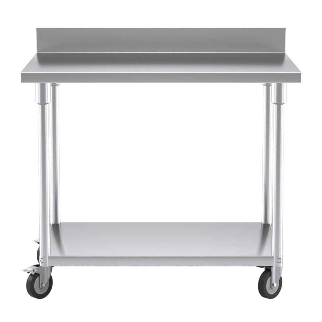Premium 100cm Commercial Catering Kitchen Stainless Steel Prep Work Bench Table with Backsplash and Caster Wheels - image2