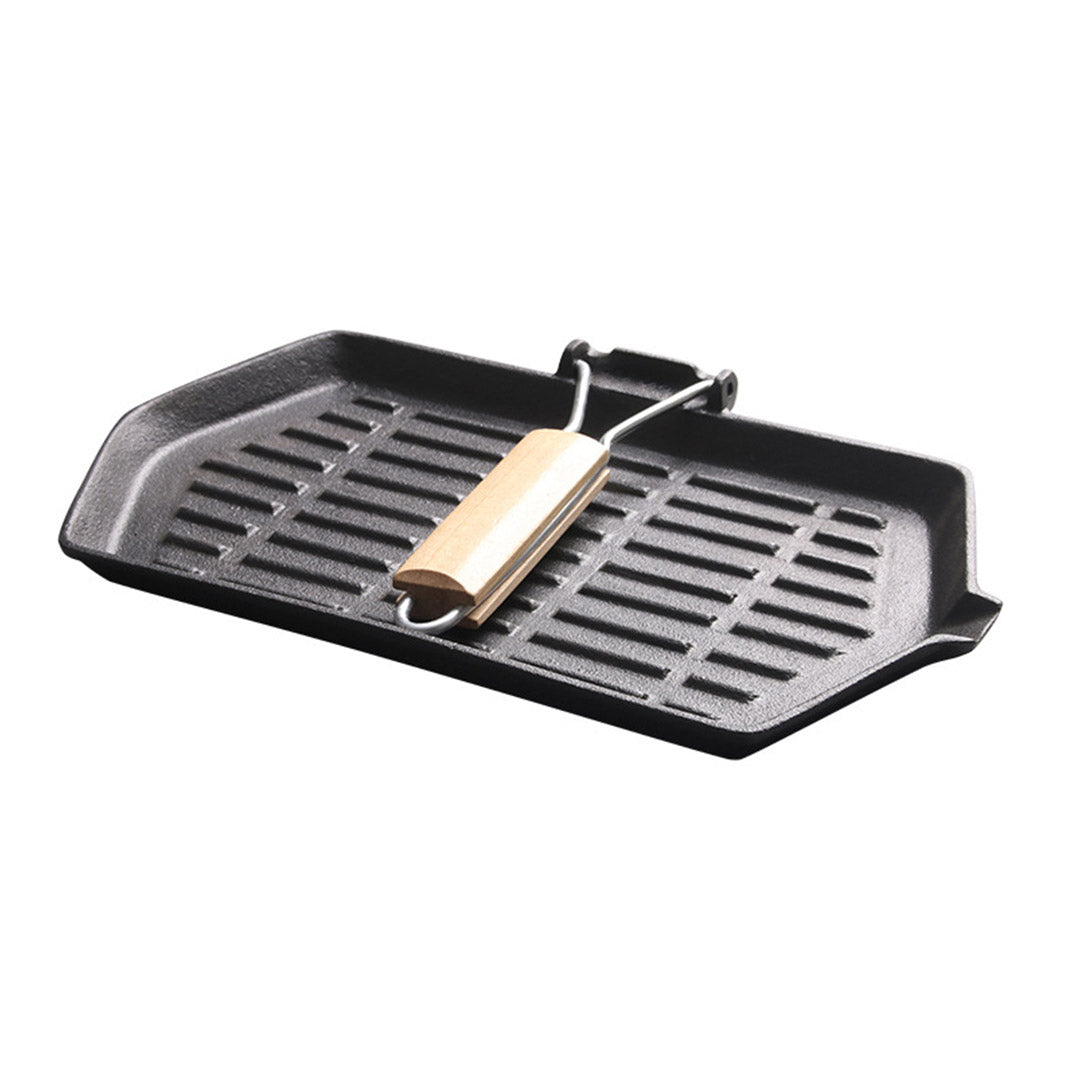 Premium Rectangular Cast Iron Griddle Grill Frying Pan with Folding Wooden Handle - image3