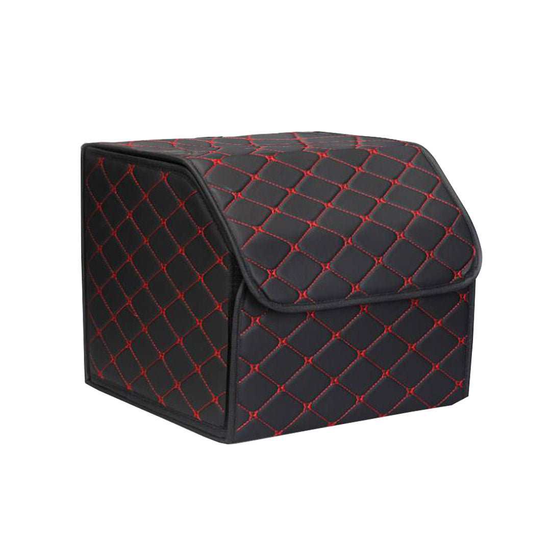 Premium 2X Leather Car Boot Collapsible Foldable Trunk Cargo Organizer Portable Storage Box Black/Red Stitch Small - image3