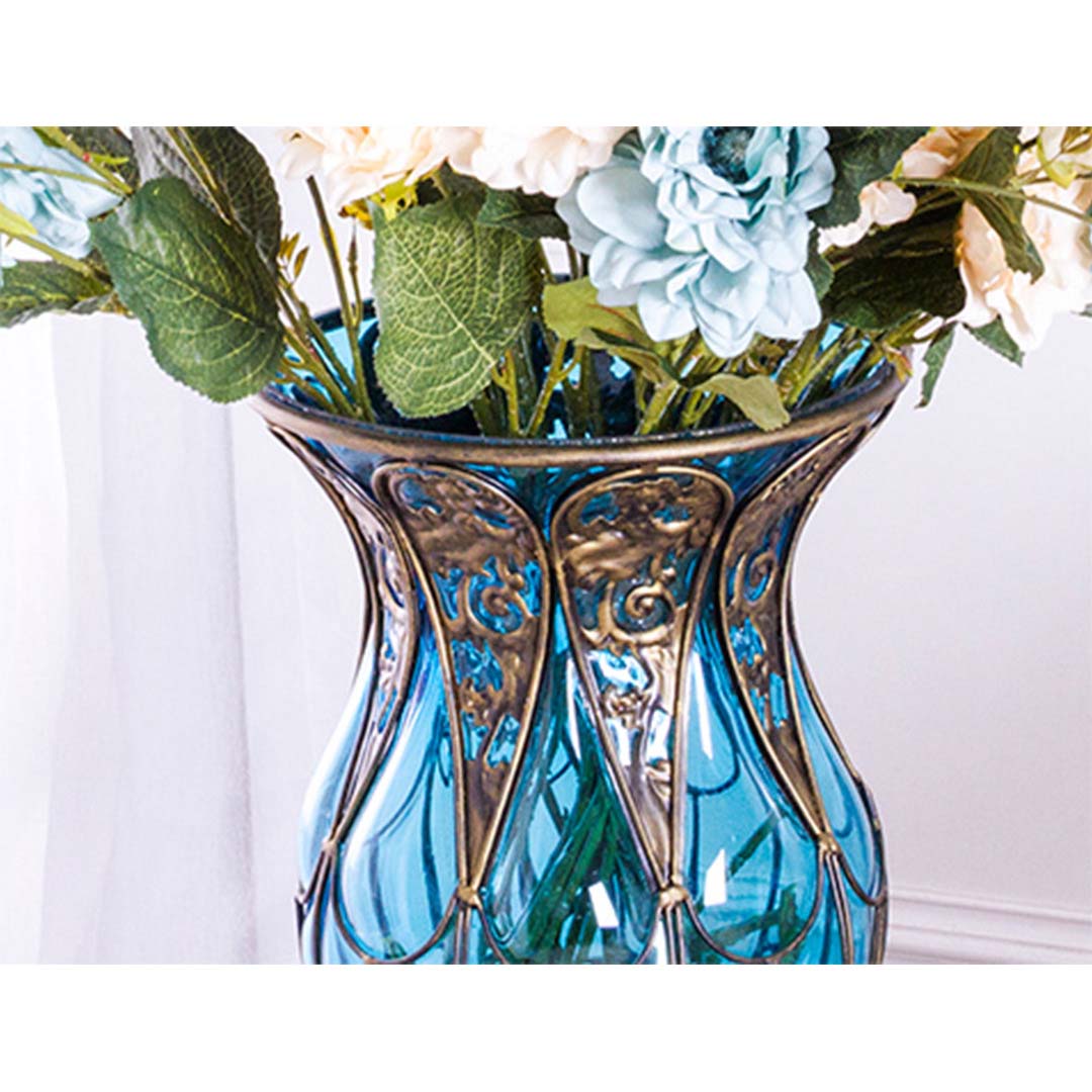 Premium 85cm Green Glass Floor Vase with Tall Metal Flower Stand - image3