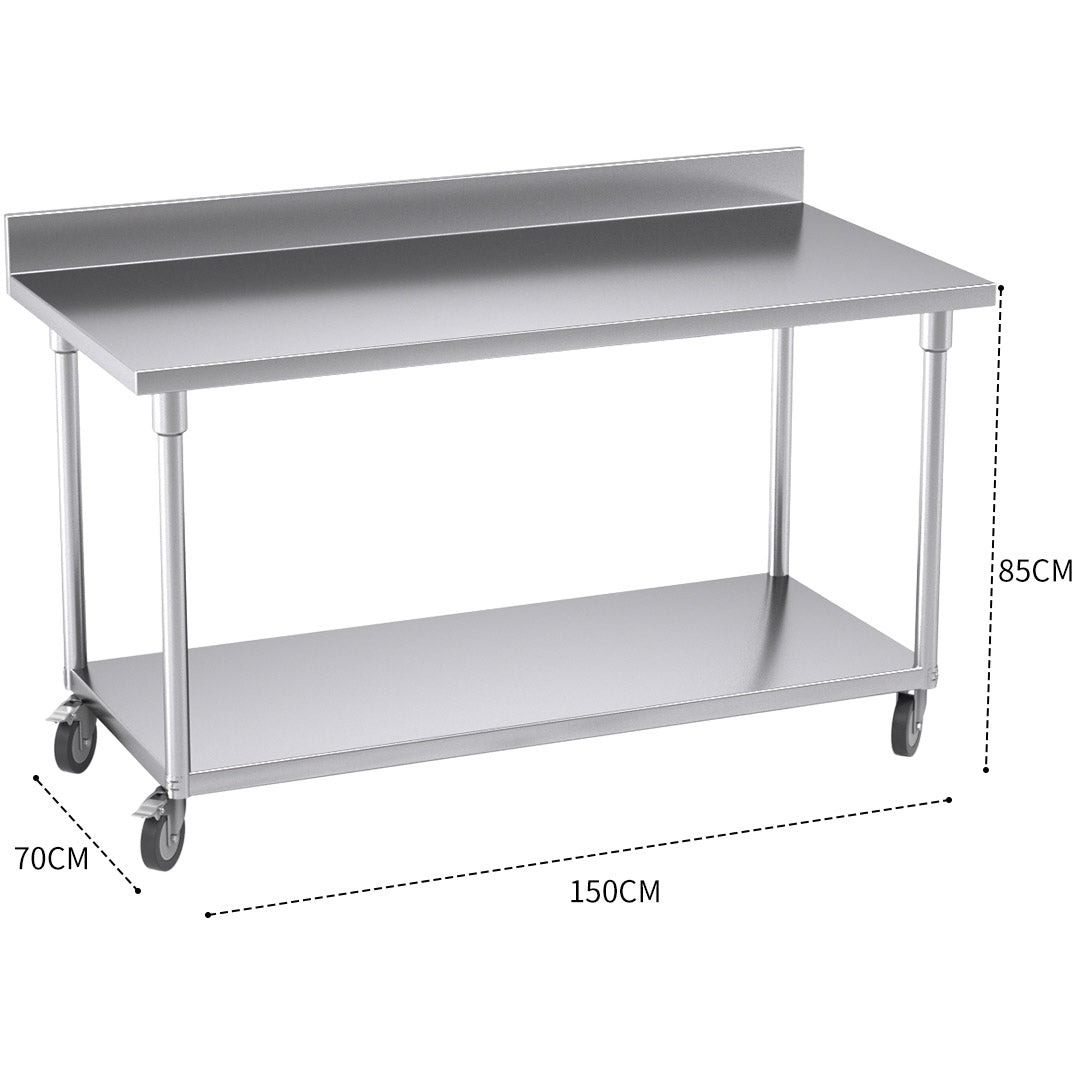Premium 150cm Commercial Catering Kitchen Stainless Steel Prep Work Bench Table with Backsplash and Caster Wheels - image3