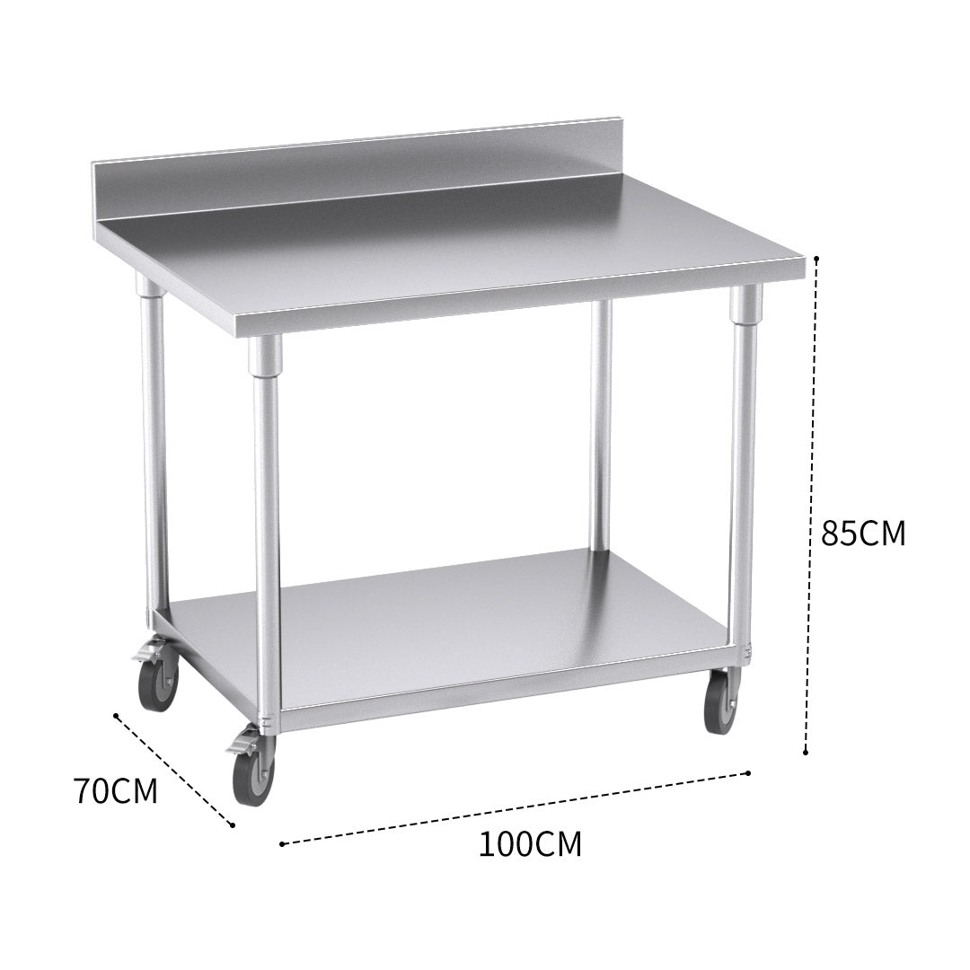 Premium 100cm Commercial Catering Kitchen Stainless Steel Prep Work Bench Table with Backsplash and Caster Wheels - image3