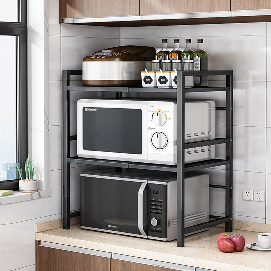 Premium 2X 3 Tier Steel Black Retractable Kitchen Microwave Oven Stand Multi-Functional Shelves Storage Organizer - image3