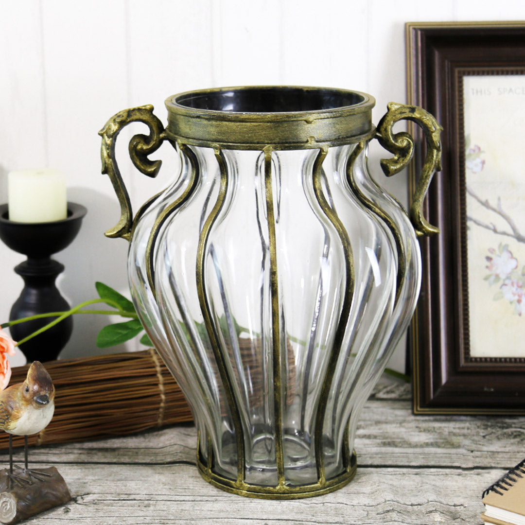 Premium Clear European Glass Home Decor Flower Vase with Two Metal Handle - image3