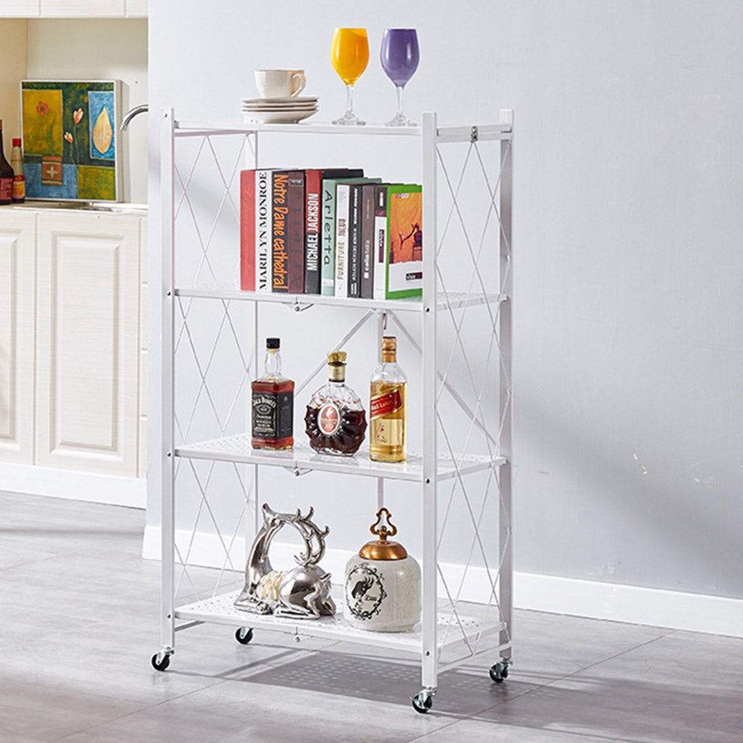 Premium 4 Tier Steel White Foldable Kitchen Cart Multi-Functional Shelves Portable Storage Organizer with Wheels - image3