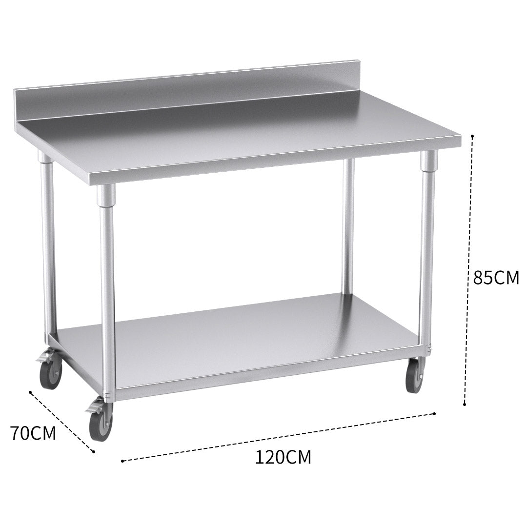 Premium 120cm Commercial Catering Kitchen Stainless Steel Prep Work Bench Table with Backsplash and Caster Wheels - image3