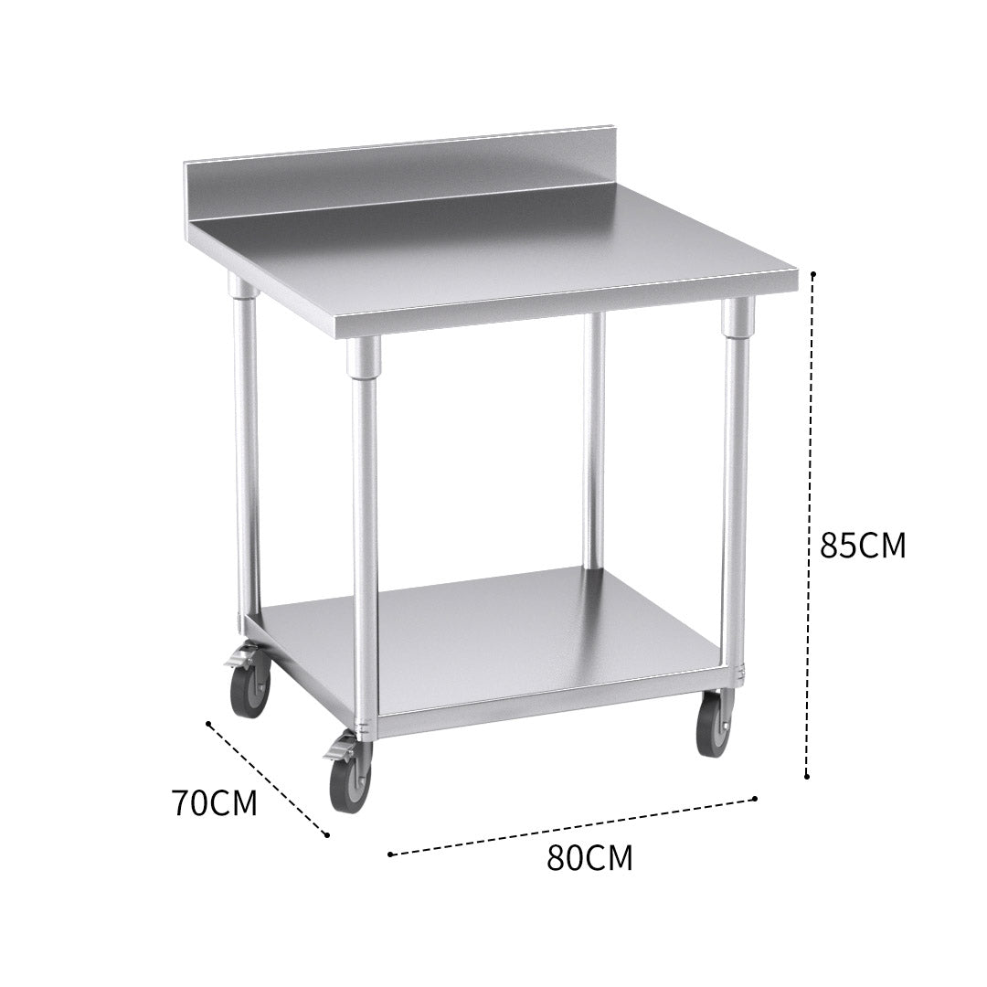 Premium 80cm Commercial Catering Kitchen Stainless Steel Prep Work Bench Table with Backsplash and Caster Wheels - image3