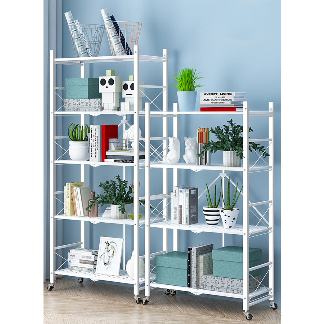 Premium 2X 4 Tier Steel White Foldable Display Stand Multi-Functional Shelves Portable Storage Organizer with Wheels - image3