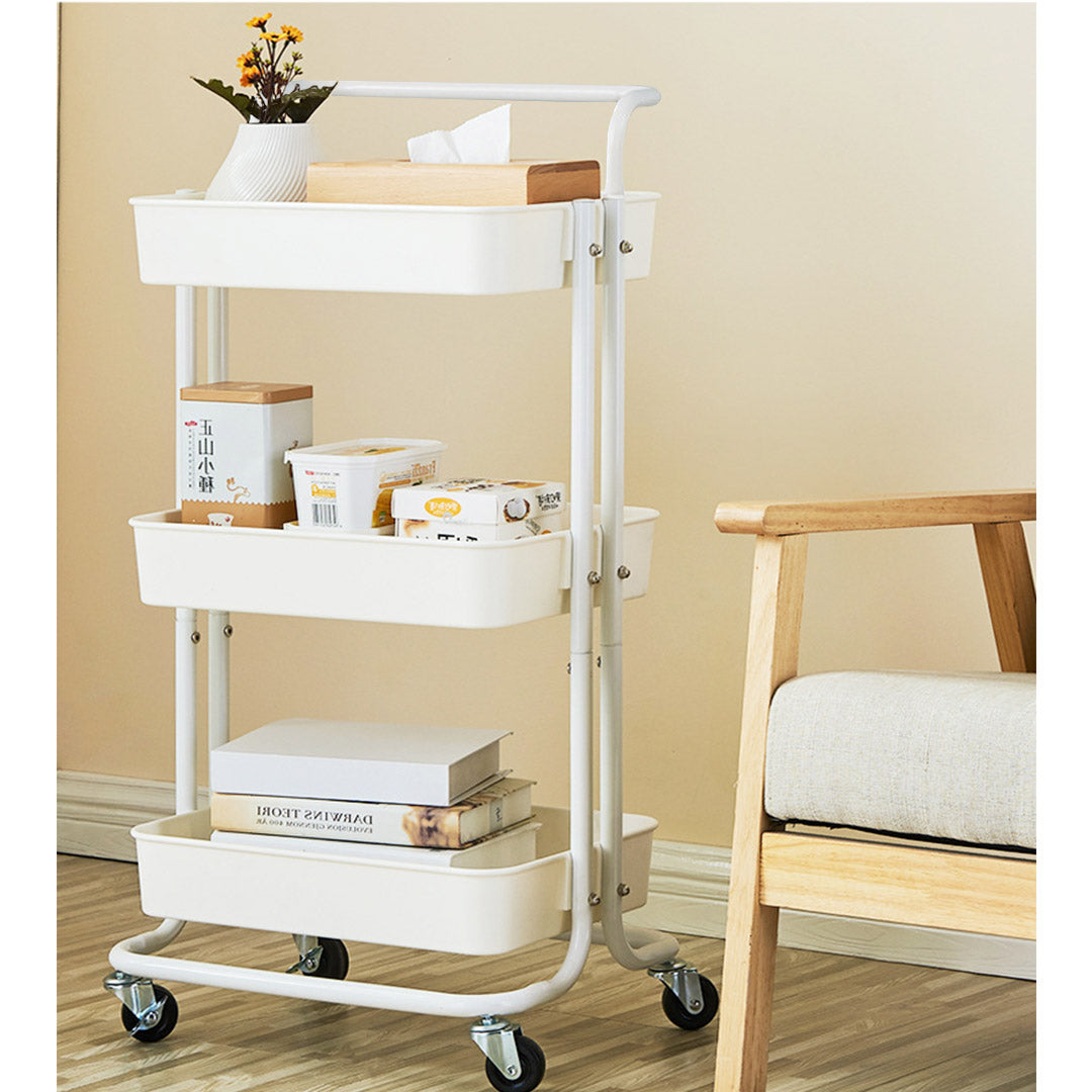 Premium 3 Tier Steel White Movable Kitchen Cart Multi-Functional Shelves Portable Storage Organizer with Wheels - image3