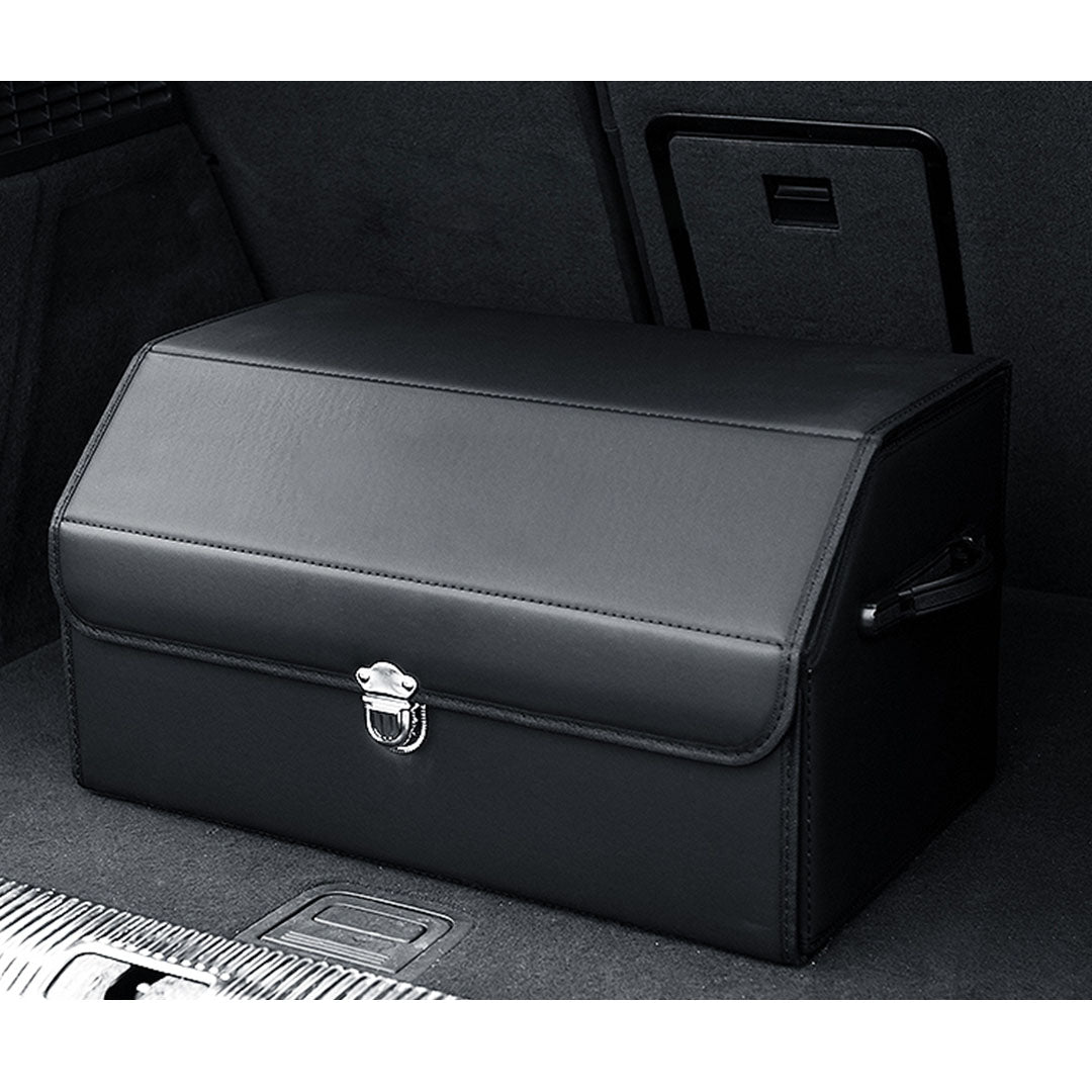 Premium 4X Leather Car Boot Collapsible Foldable Trunk Cargo Organizer Portable Storage Box With Lock Black Medium - image4