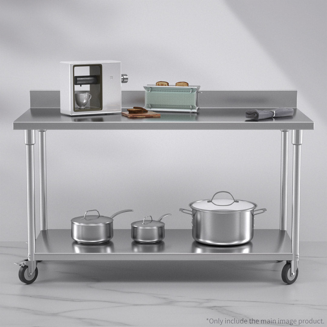 Premium 150cm Commercial Catering Kitchen Stainless Steel Prep Work Bench Table with Backsplash and Caster Wheels - image4
