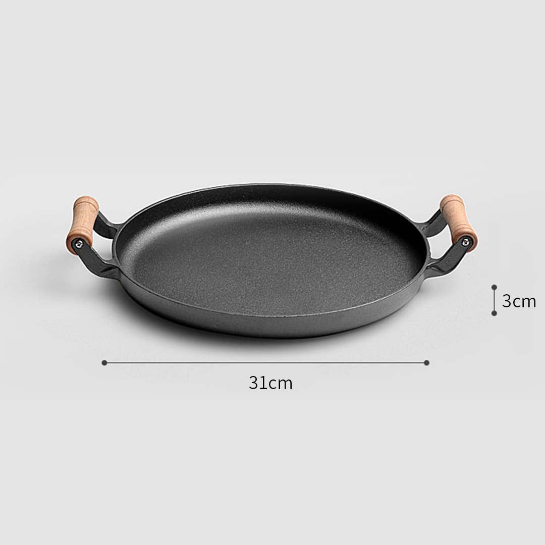 Premium 31cm Cast Iron Frying Pan Skillet Steak Sizzle Fry Platter With Wooden Handle No Lid - image4