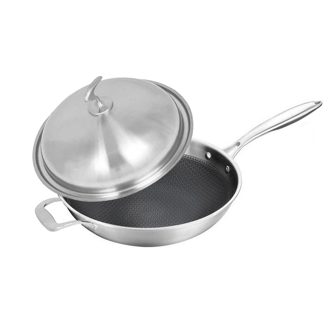 Premium 2X 18/10 Stainless Steel Fry Pan 34cm Frying Pan Top Grade Textured Non Stick Interior Skillet with Helper Handle and Lid - image4