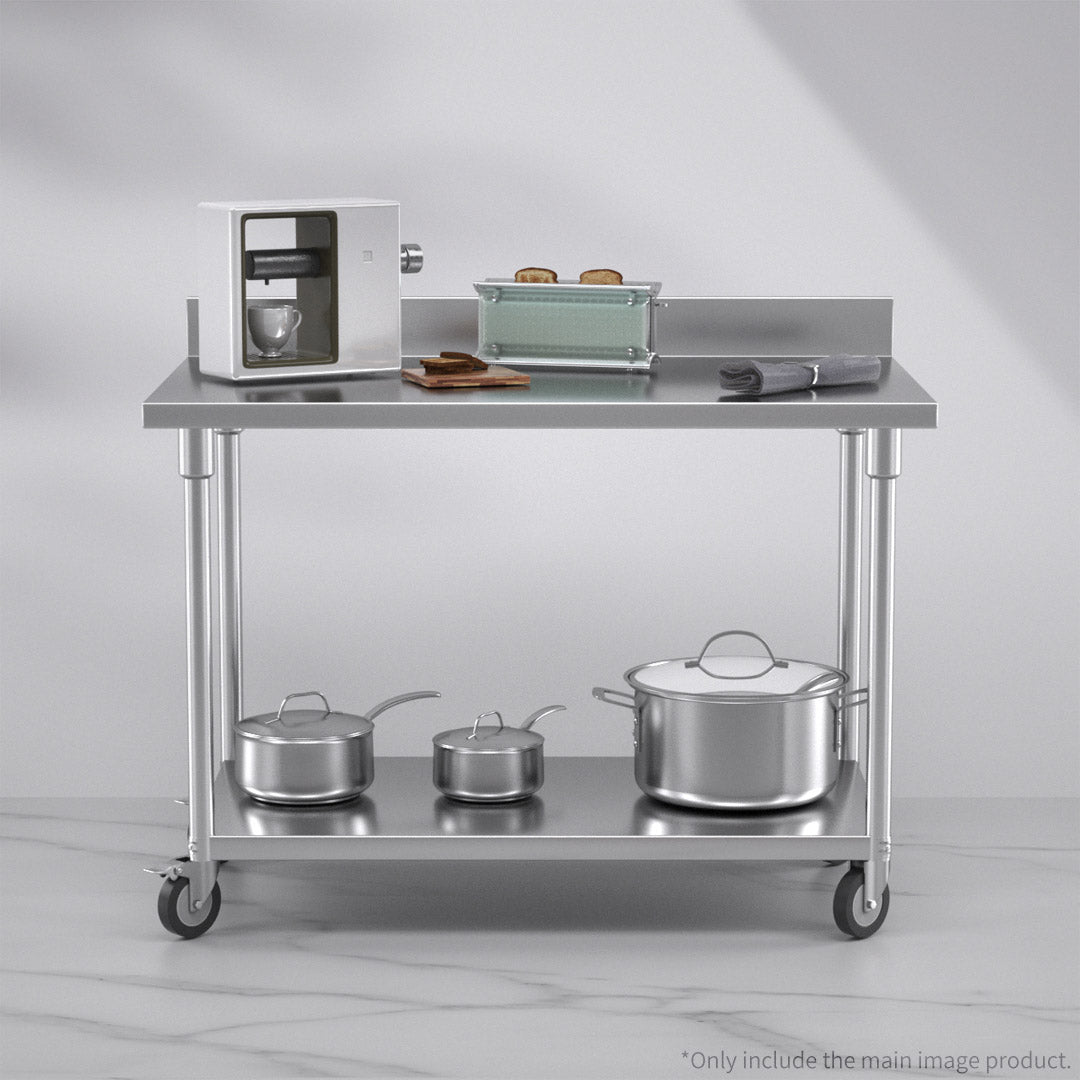 Premium 120cm Commercial Catering Kitchen Stainless Steel Prep Work Bench Table with Backsplash and Caster Wheels - image4
