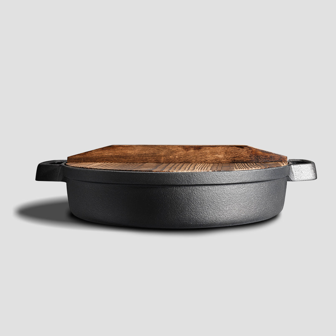 Premium 33cm Round Cast Iron Pre-seasoned Deep Baking Pizza Frying Pan Skillet with Wooden Lid - image4