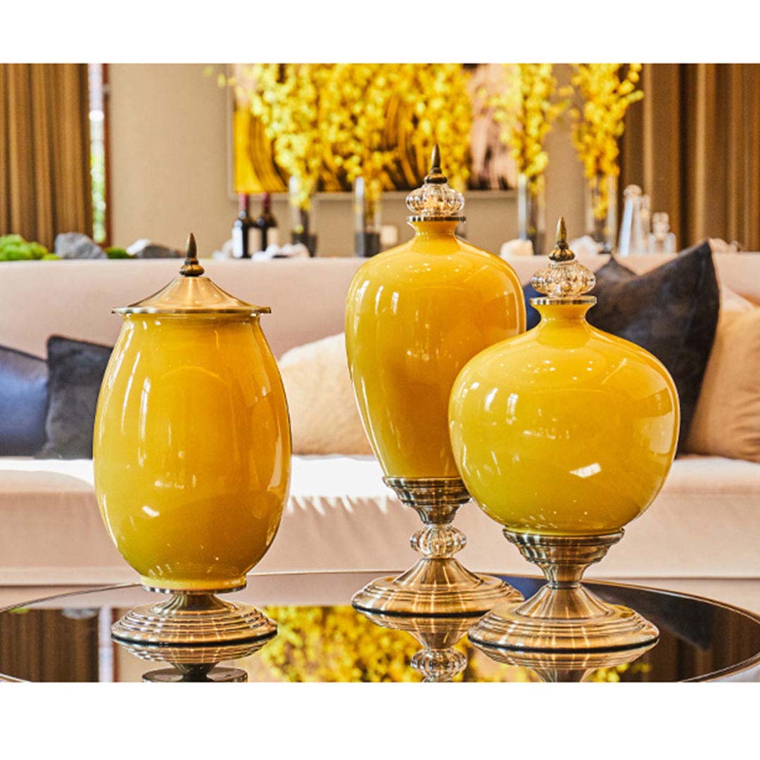 Premium 2x 40cm Ceramic Oval Flower Vase with Gold Metal Base Yellow - image4