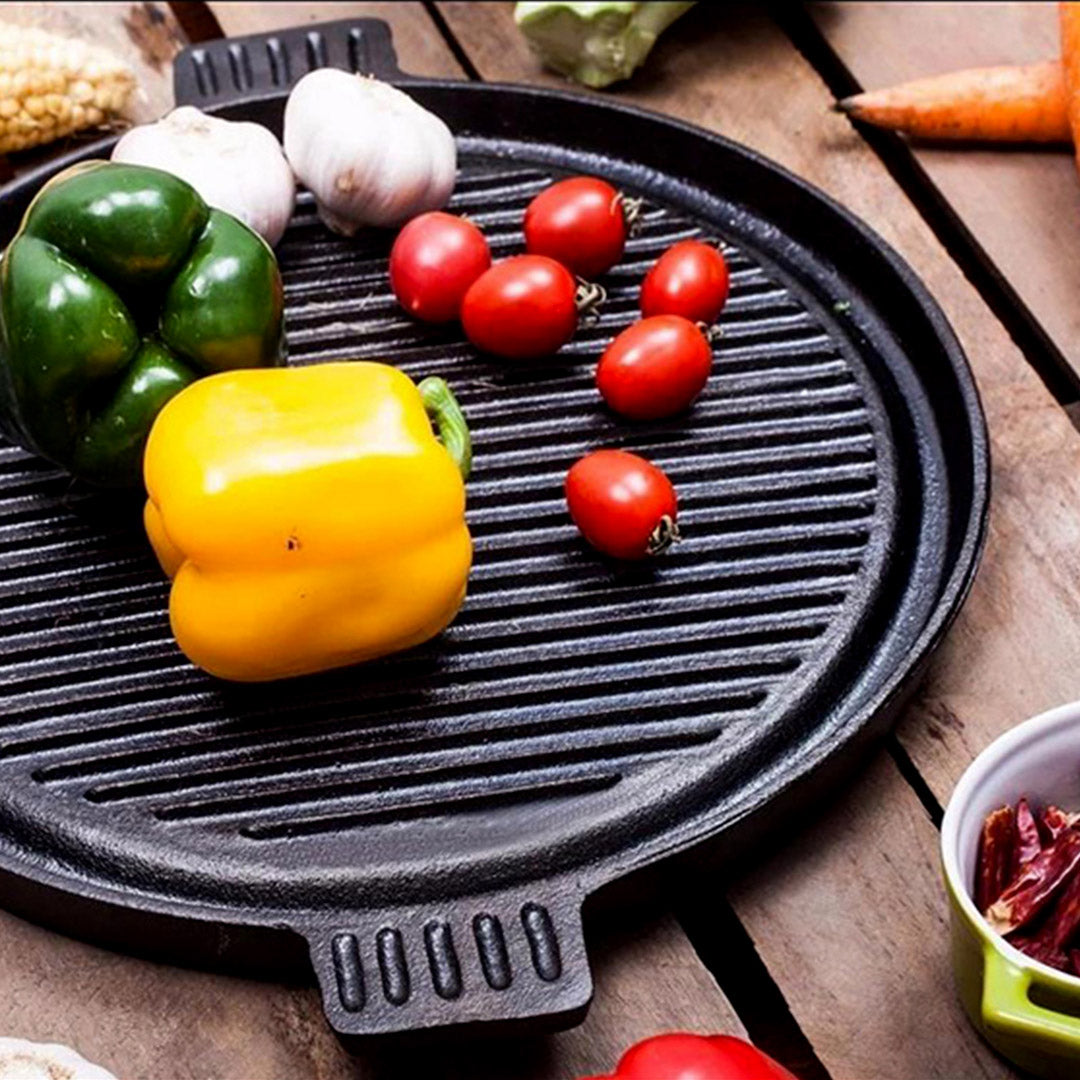 Premium 43cm Round Ribbed Cast Iron Frying Pan Skillet Steak Sizzle Platter with Handle - image4