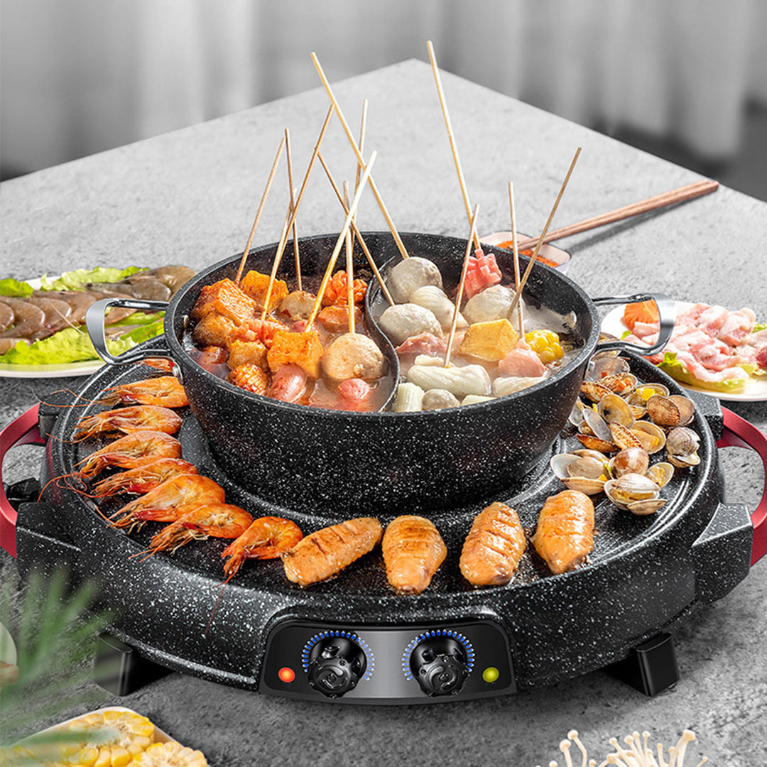 Premium 2 in 1 Electric Stone Coated Grill Plate Steamboat Two Division Hotpot - image8