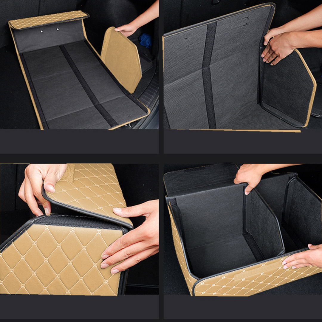 Premium Leather Car Boot Collapsible Foldable Trunk Cargo Organizer Portable Storage Box Beige/Gold Stitch Large - image5