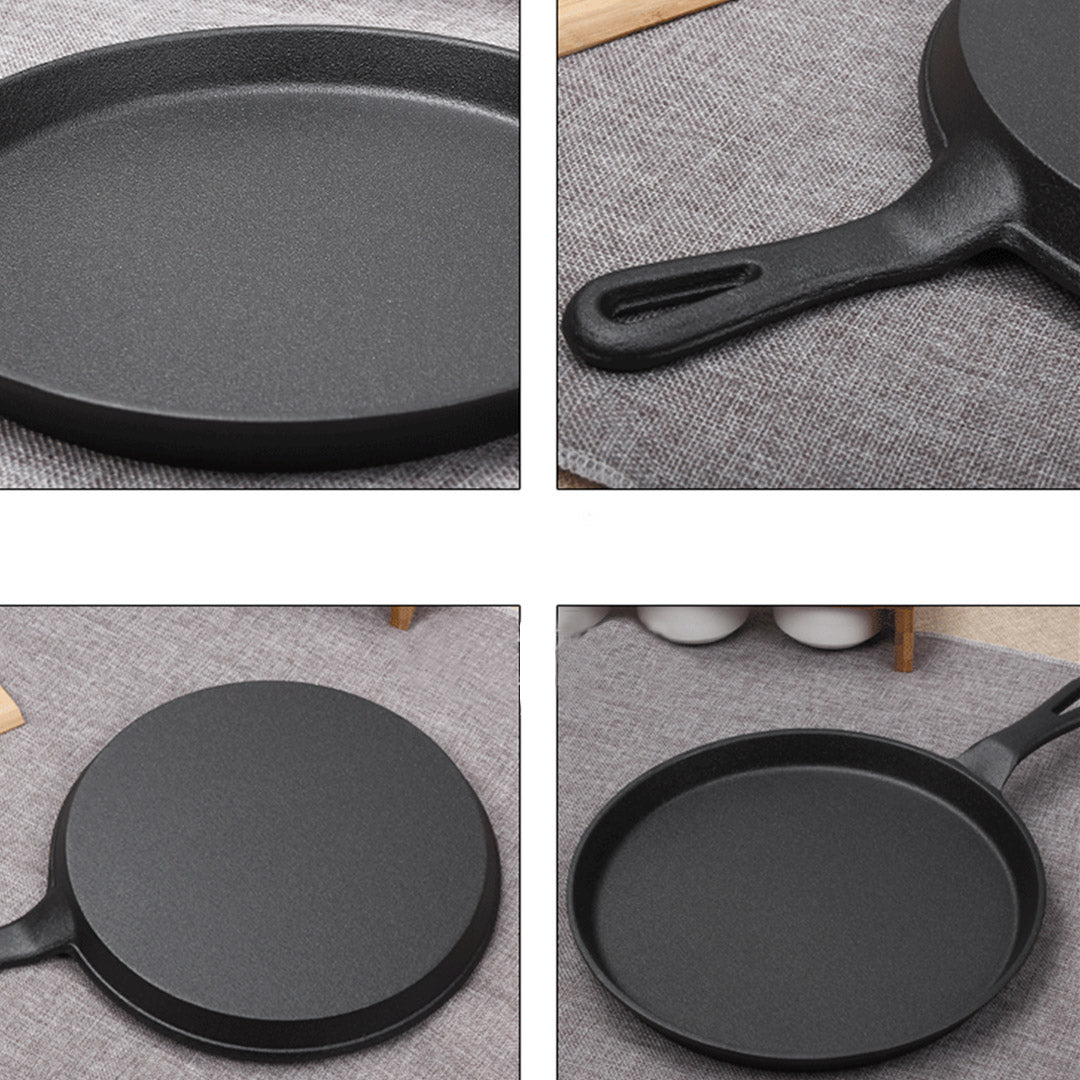 Premium 2X 26cm Round Cast Iron Frying Pan Skillet Griddle Sizzle Platter - image5