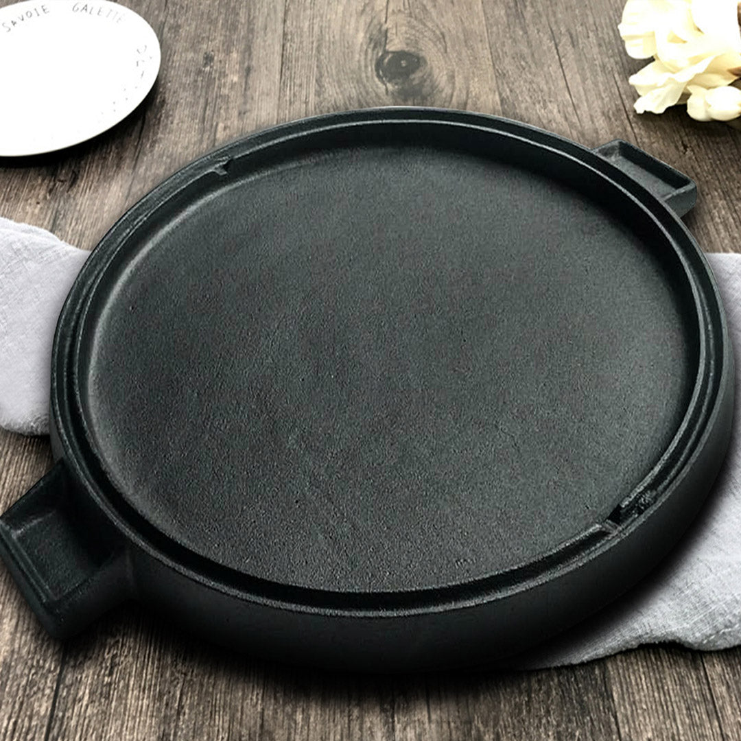 Premium 43cm Round Ribbed Cast Iron Frying Pan Skillet Steak Sizzle Platter with Handle - image5