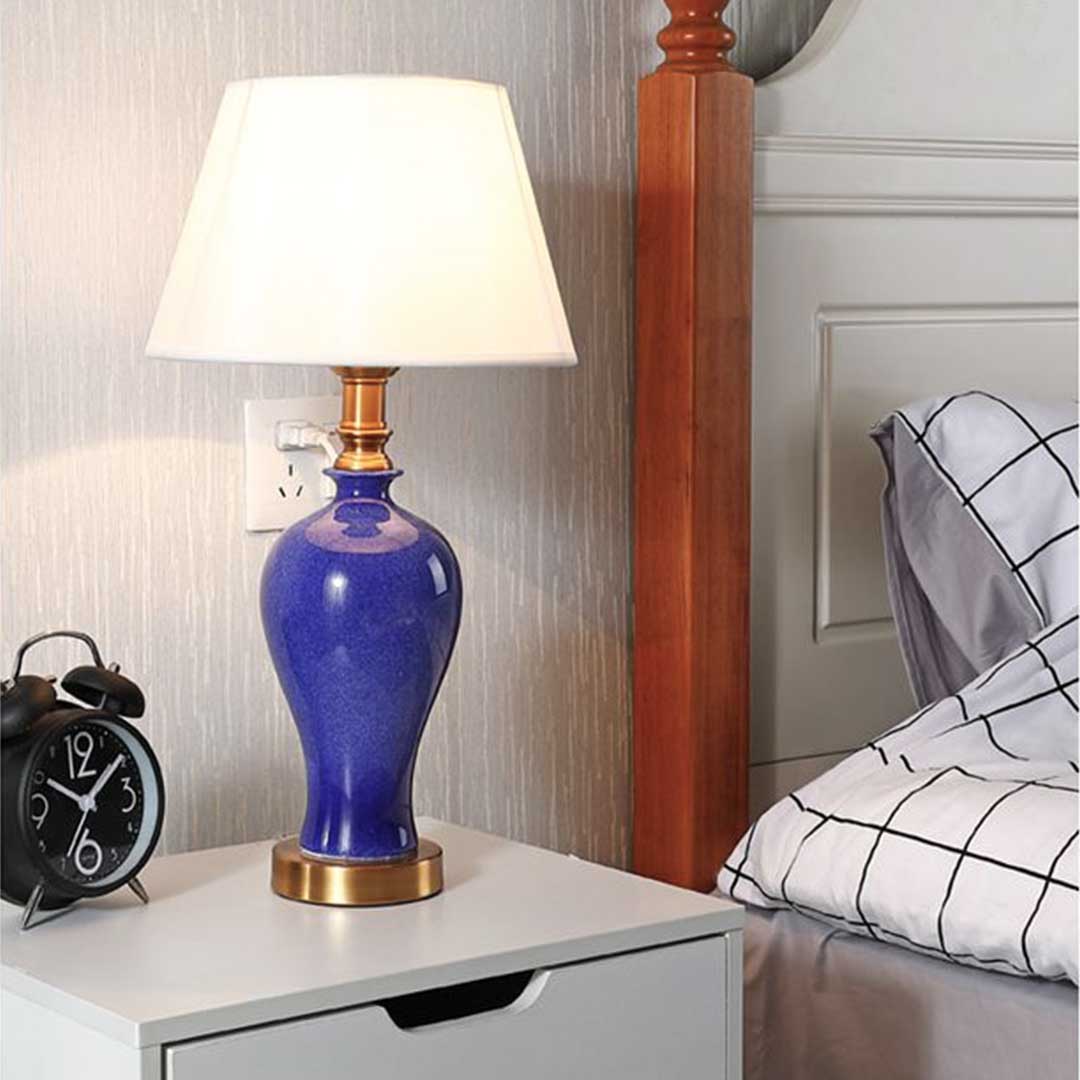 Premium 2X Blue Ceramic Oval Table Lamp with Gold Metal Base - image5