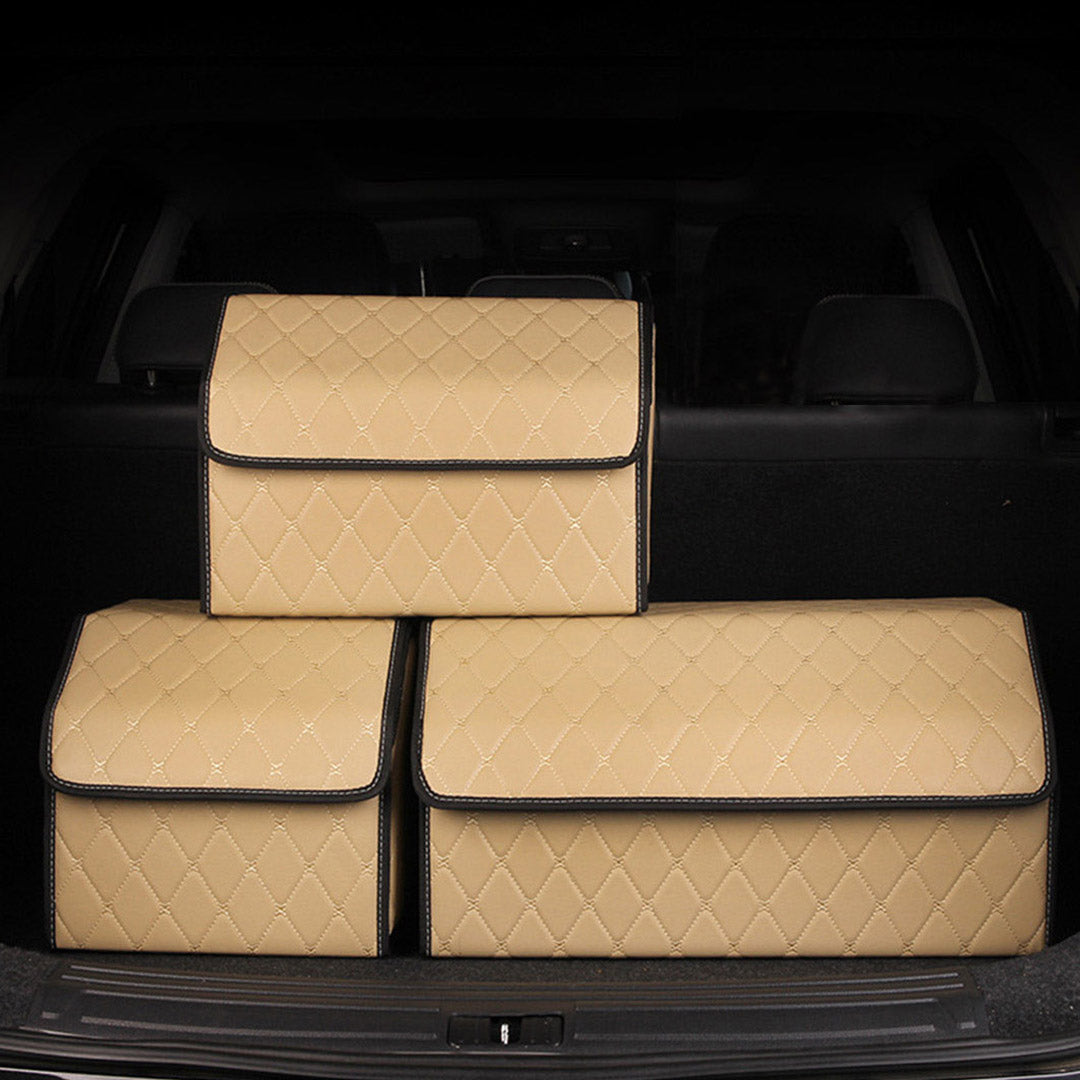 Premium 2X Leather Car Boot Collapsible Foldable Trunk Cargo Organizer Portable Storage Box Beige/Gold Stitch Large - image6