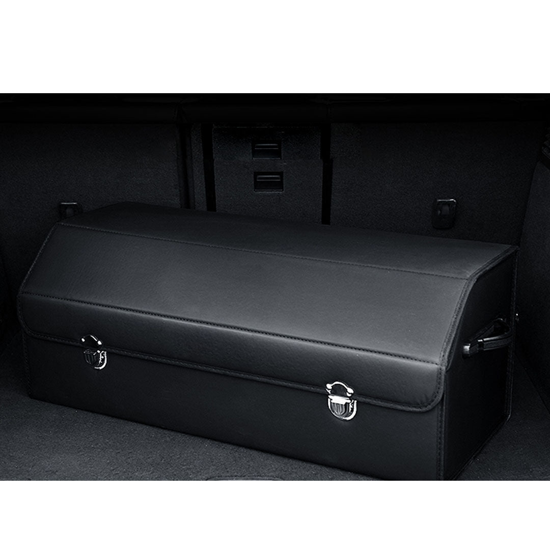 Premium Leather Car Boot Collapsible Foldable Trunk Cargo Organizer Portable Storage Box With Lock Black Large - image6