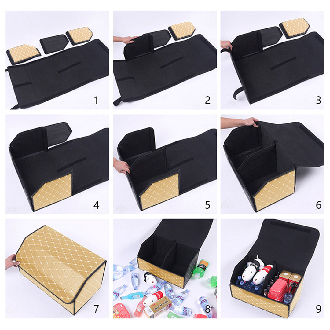 Premium 4X Leather Car Boot Collapsible Foldable Trunk Cargo Organizer Portable Storage Box Beige/Gold Stitch Small - image6