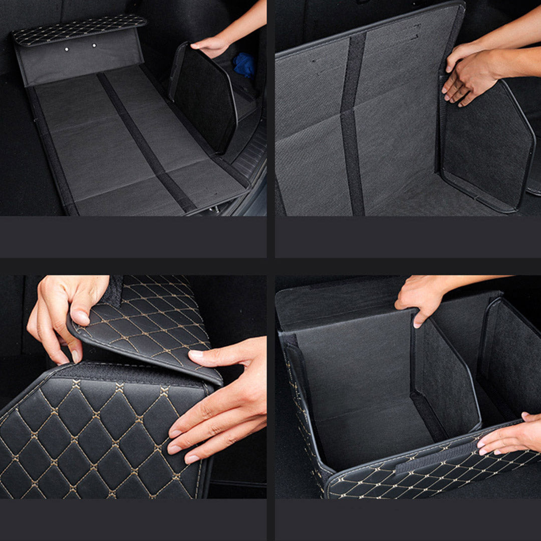 Premium 2X Leather Car Boot Collapsible Foldable Trunk Cargo Organizer Portable Storage Box Black/Gold Stitch Large - image6