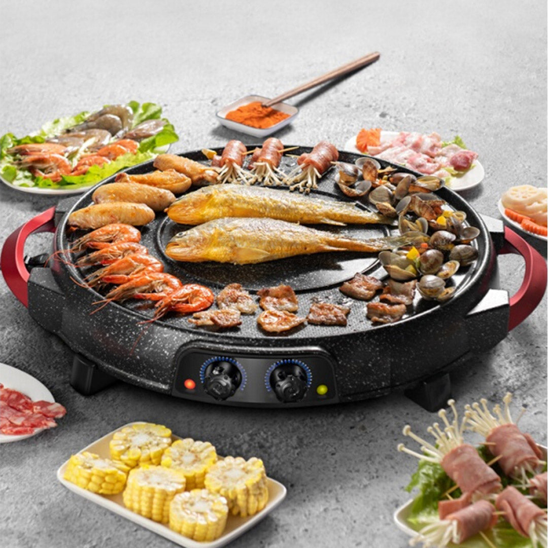 Premium 2X 2 in 1 Electric Stone Coated Grill Plate Steamboat Two Division Hotpot - image7