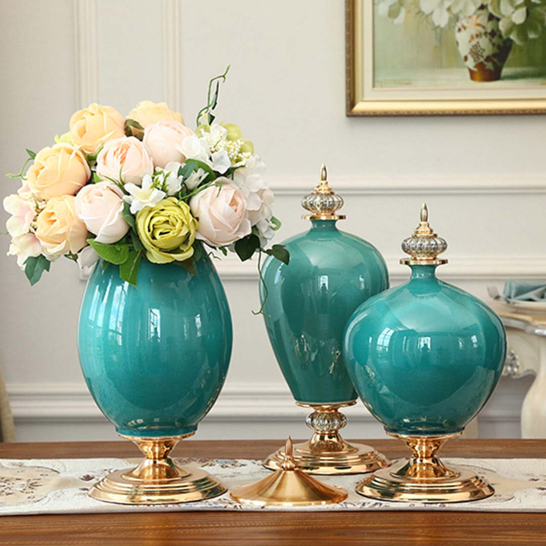 Premium 2x 42cm Ceramic Oval Flower Vase with Gold Metal Base Green - image6