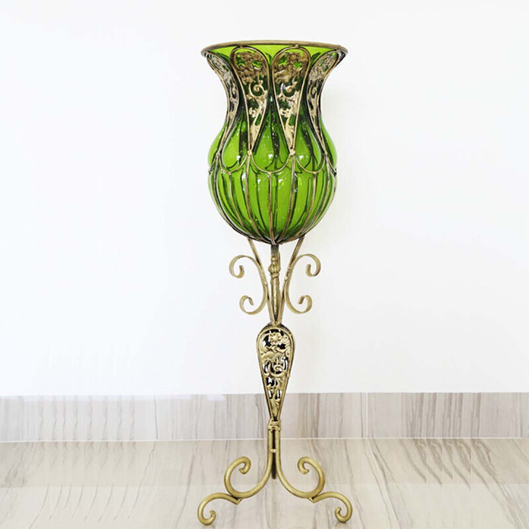 Premium 85cm Green Glass Floor Vase with Tall Metal Flower Stand - image7