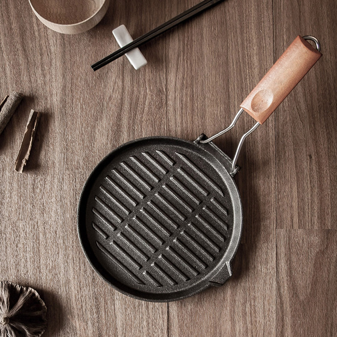 Premium 2X 24cm Round Ribbed Cast Iron Steak Frying Grill Skillet Pan with Folding Wooden Handle - image7