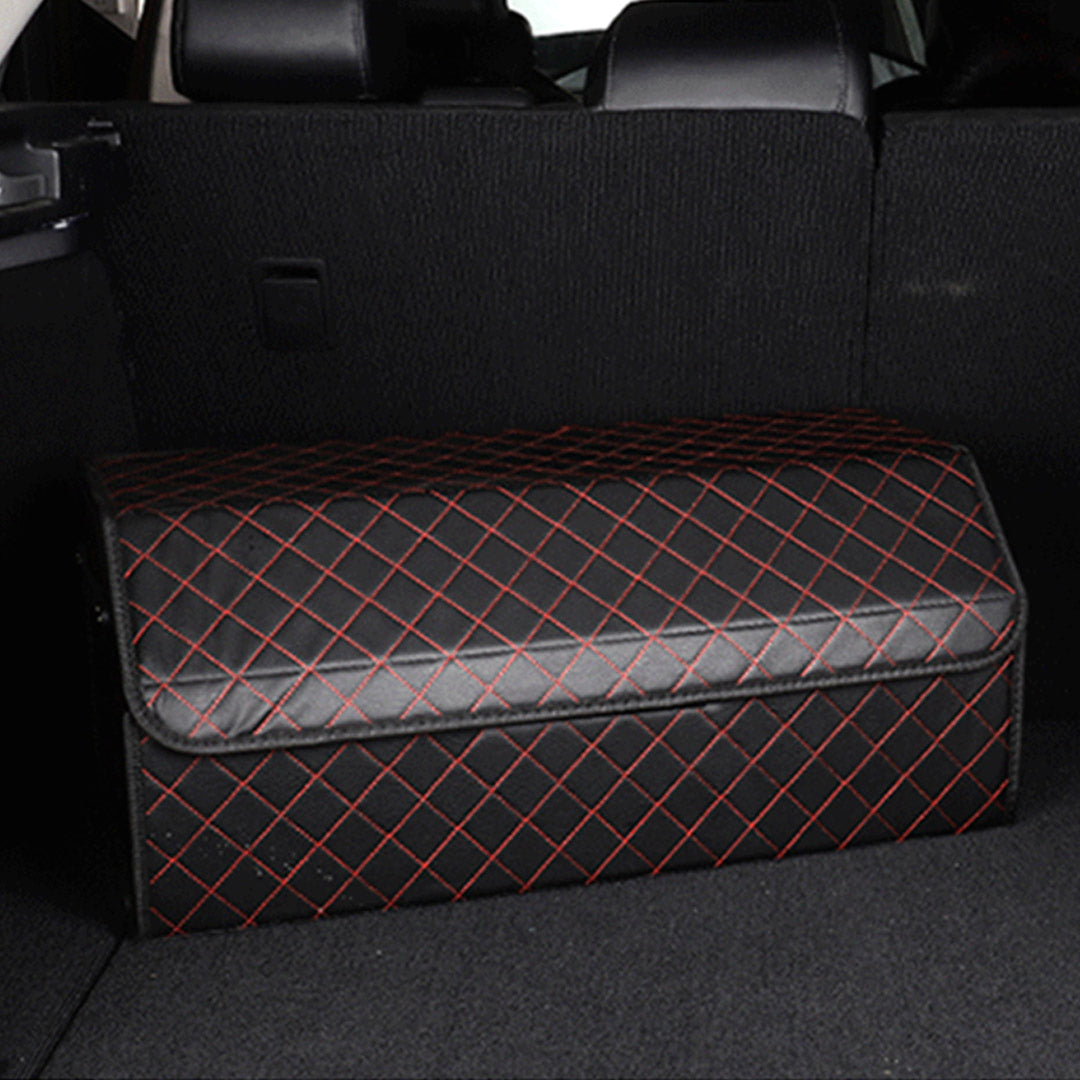 4X Leather Car Boot Collapsible Foldable Trunk Cargo Organizer Portable Storage Box Black/Red Stitch Large - image7