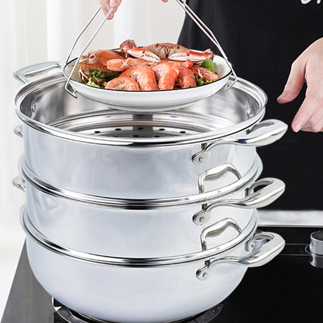 Premium 3 Tier 28cm Heavy Duty Stainless Steel Food Steamer Vegetable Pot Stackable Pan Insert with Glass Lid - image7