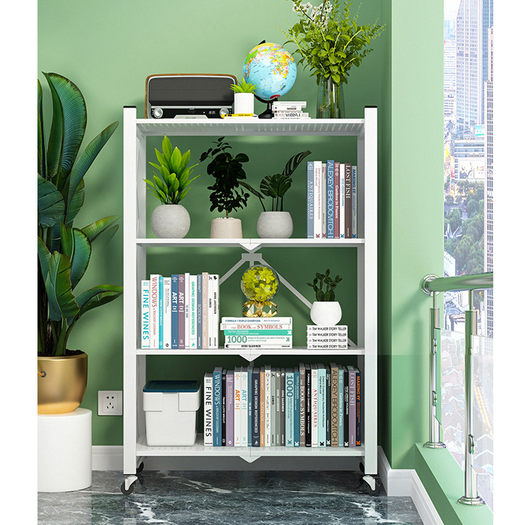 Premium 4 Tier Steel White Foldable Display Stand Multi-Functional Shelves Portable Storage Organizer with Wheels - image7