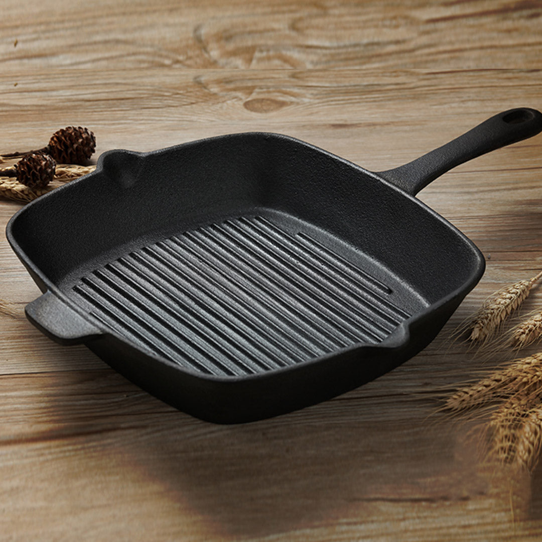 Premium 26cm Square Ribbed Cast Iron Frying Pan SkilletSteak Sizzle Platter with Handle - image7