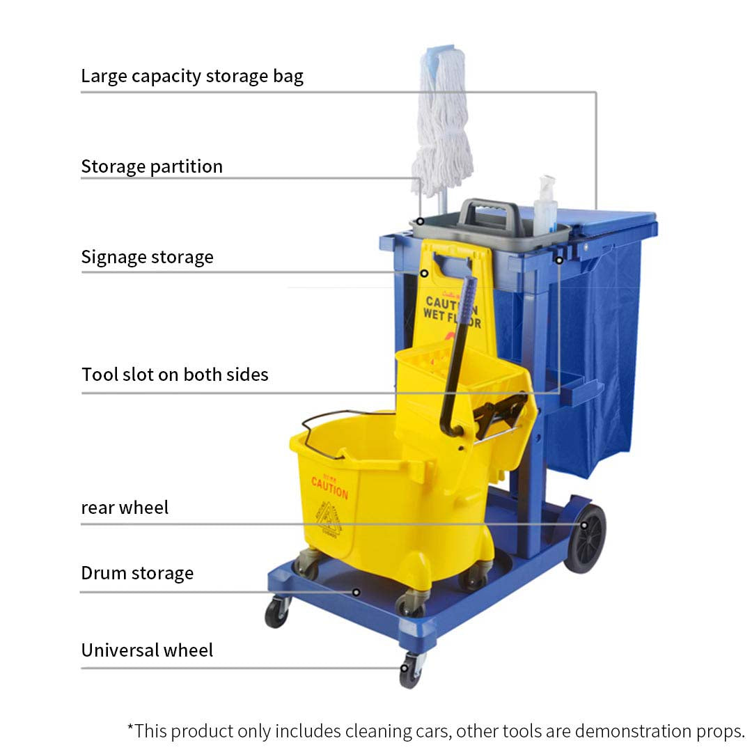 Premium 2X 3 Tier Multifunction Janitor Cleaning Waste Cart Trolley and Waterproof Bag with Lid Blue - image7