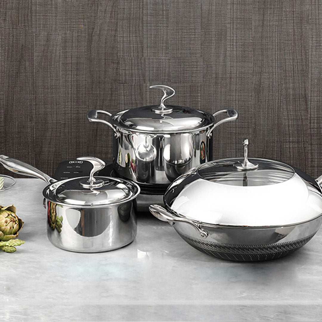 Premium 6 Piece Cookware Set 18/10 Stainless Steel 3-Ply Frying Pan, Milk, and Soup Pot with Lid - image7