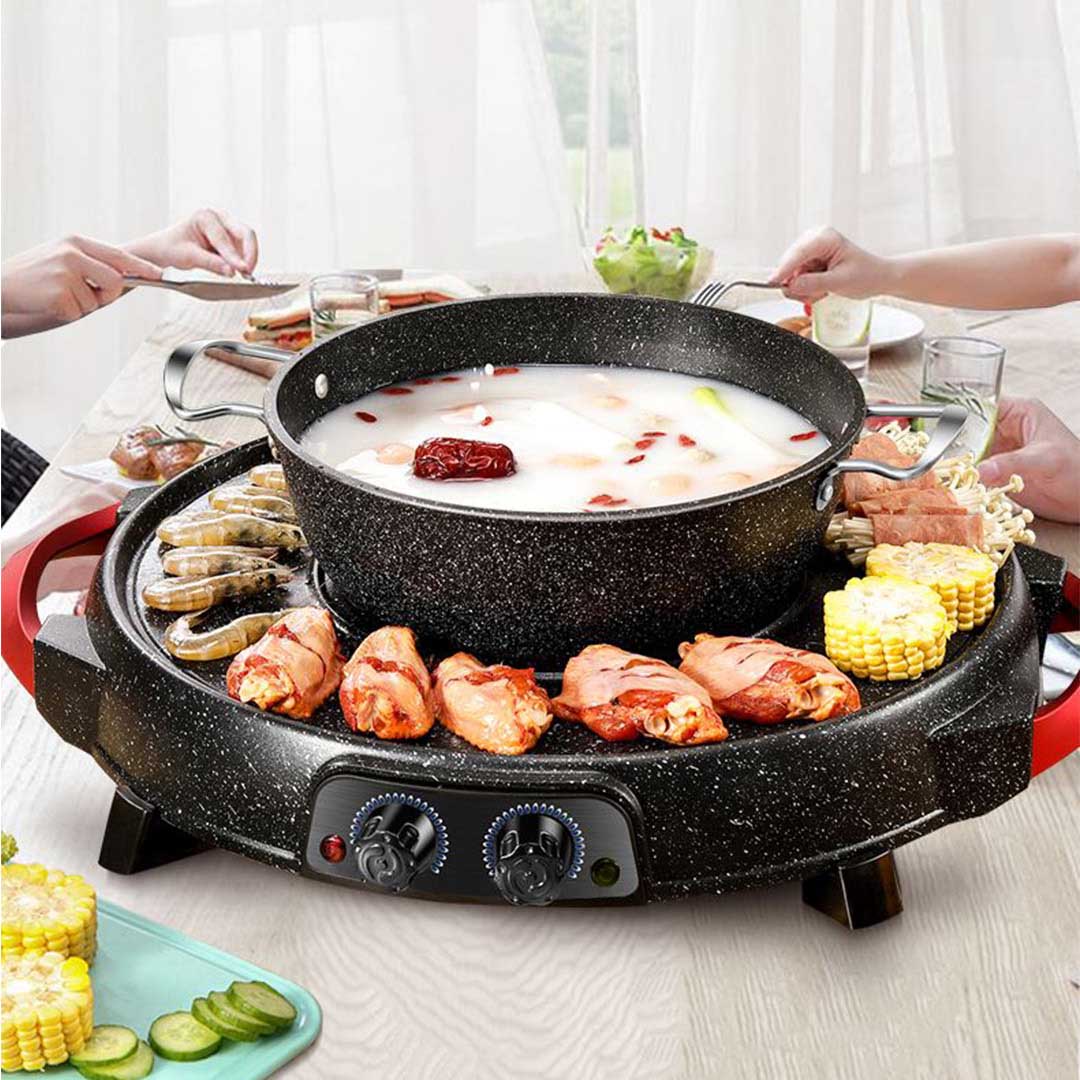 Premium 2 in 1 Electric Stone Coated Teppanyaki Grill Plate Steamboat Hotpot - image5