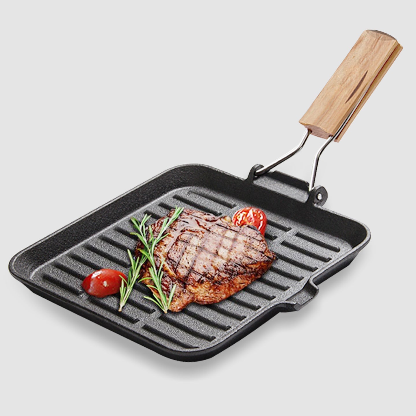 Premium 28cm Ribbed Cast Iron Square Steak Frying Grill Skillet Pan with Folding Wooden Handle - image8