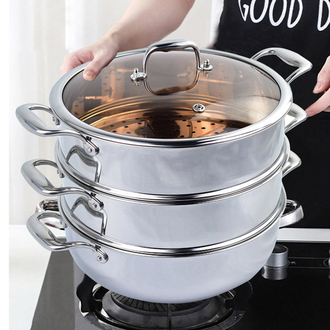 Premium 2X 3 Tier 30cm Heavy Duty Stainless Steel Food Steamer Vegetable Pot Stackable Pan Insert with Glass Lid - image8