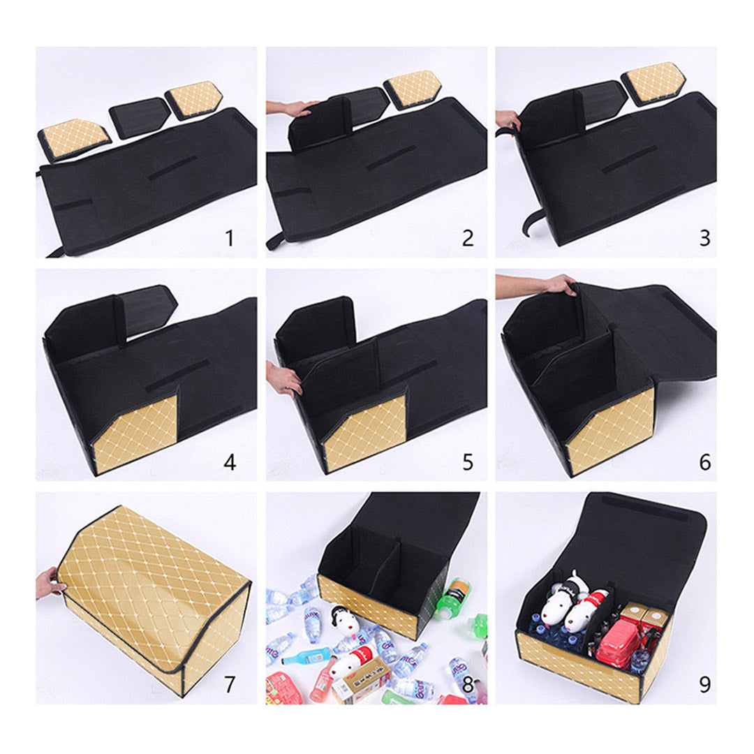 Premium 2X Leather Car Boot Collapsible Foldable Trunk Cargo Organizer Portable Storage Box Beige/Gold Stitch Large - image8