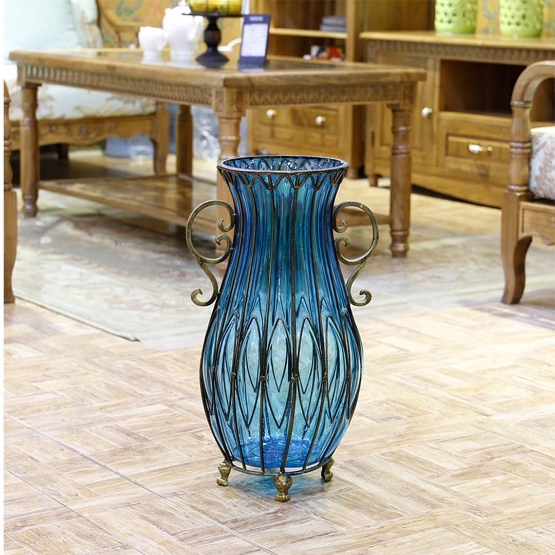 Premium 51cm Blue Glass Oval Floor Vase with Metal Flower Stand - image8