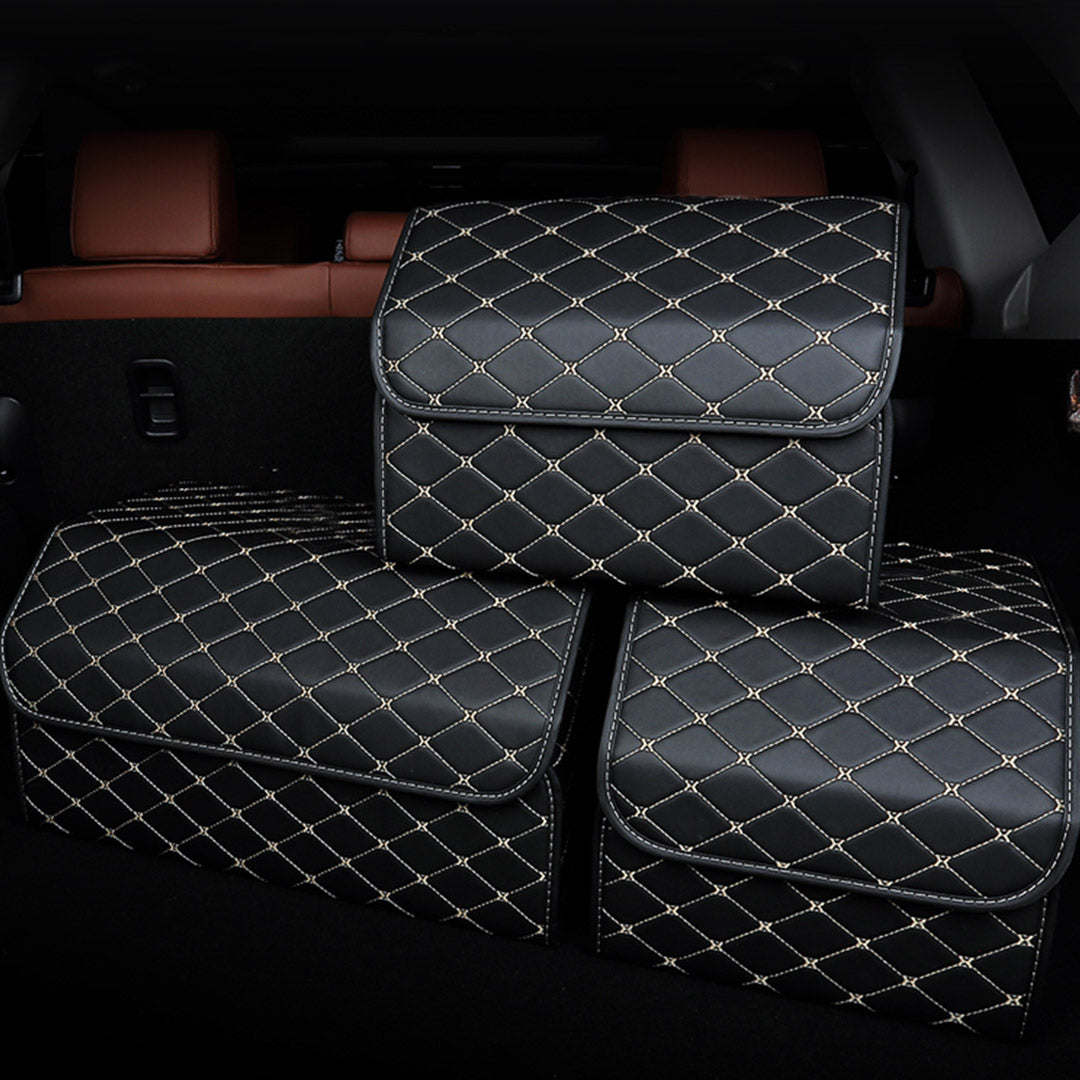 Premium 4X Leather Car Boot Collapsible Foldable Trunk Cargo Organizer Portable Storage Box Black/Gold Stitch Small - image8