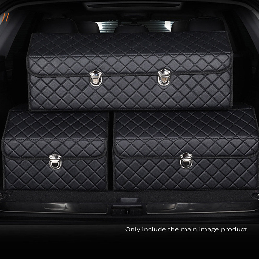 Premium Leather Car Boot Collapsible Foldable Trunk Cargo Organizer Portable Storage Box Black/White Stitch with Lock Large - image8