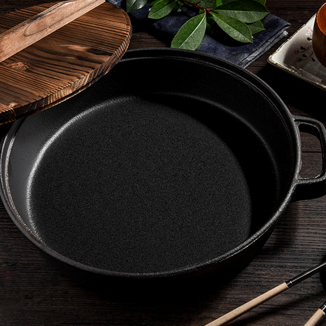 Premium 2X 31cm Round Cast Iron Pre-seasoned Deep Baking Pizza Frying Pan Skillet with Wooden Lid - image8